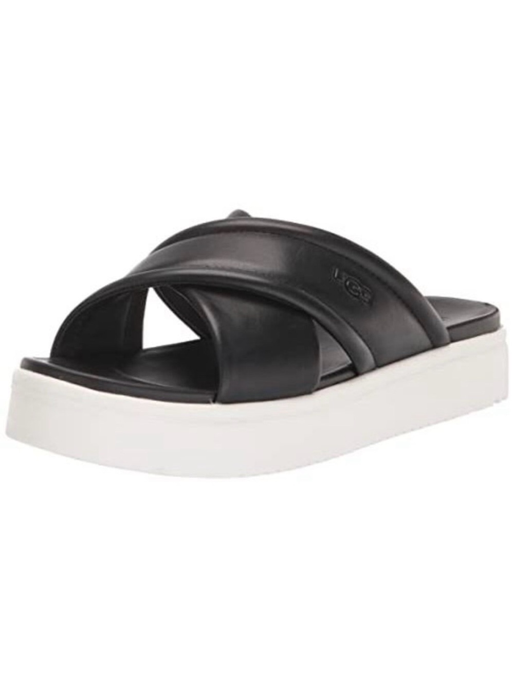 UGG Zayne Black Leather Crisscross Platform Slides with White Sole - Picture 2 of 2